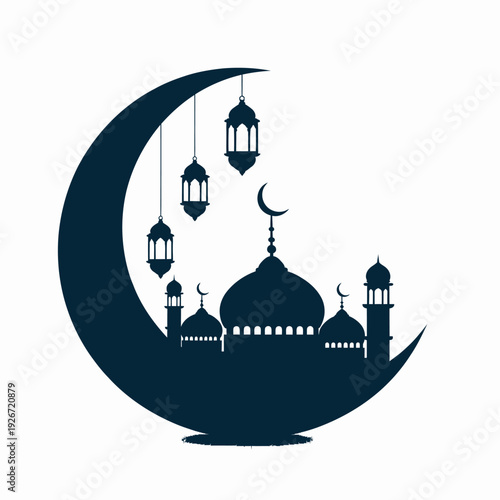  Moon Mosque Silhouette with Hanging Lanterns, Eid Mubarak Greeting, Ramadan Kareem Decoration