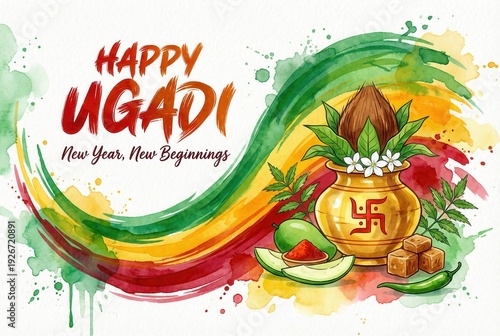Vibrant Ugadi celebration with traditional Indian elements