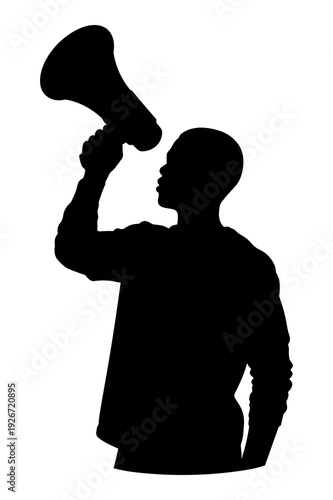Silhouette graphic of an activist using a megaphone to loudly announce something