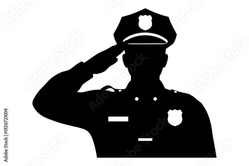 Law enforcement officer silhouette saluting in solemn graphic vector illustration