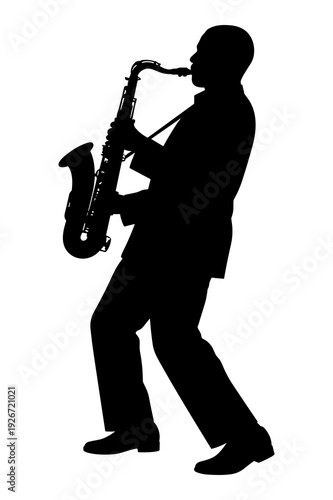 Dynamic black silhouette vector illustration of a jazz saxophonist playing music