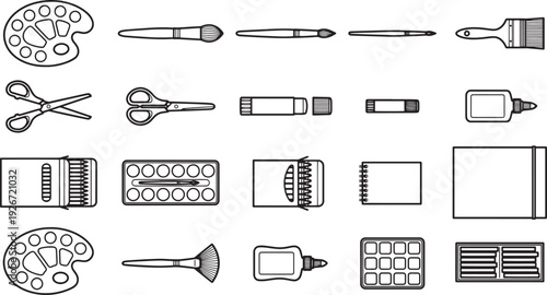 Creative tools organized neatly, a diverse array of essential art supplies for crafting and design. A comprehensive collection of objects, illustrating tools of the trade.