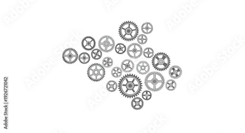 Various grey metallic gears and cogs of different sizes are scattered in a group formation on a plain white background.