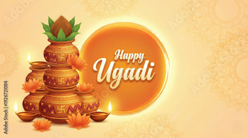 Happy Ugadi celebration with traditional pot and diyas