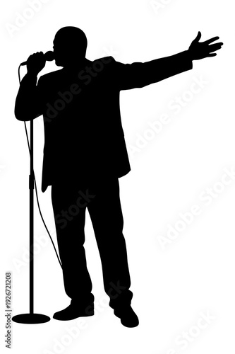 Silhouette vector graphic of a dynamic male vocalist singing into a microphone stand