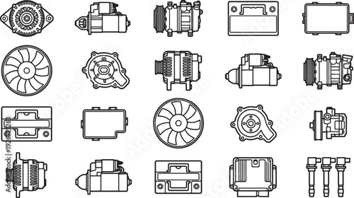 An array of meticulously rendered automotive engine parts arranged in a clean, modern design, ready for immediate use.