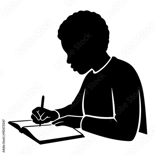 Simple silhouette vector illustration of a student focused on writing