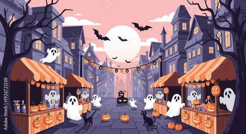 Halloween Ghosts Market Scene.