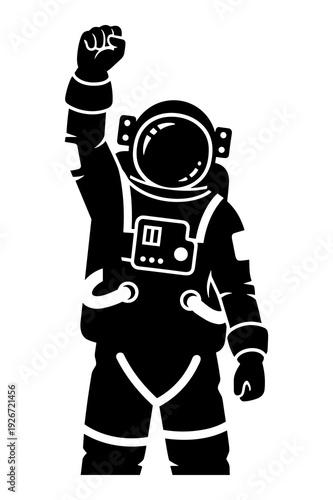 Vector graphic illustration of an astronaut celebrating with a raised triumphant fist
