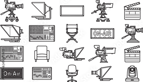 A collection of outlined equipment and tools used in television production.