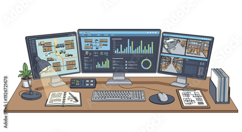 A wooden desk setup features three computer monitors showing warehouse maps and data charts along with a keyboard, mouse, and notebook.