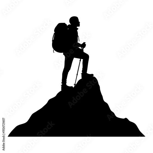 Silhouette vector illustration of a hiker reaching a mountain summit