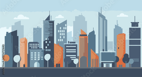 Cityscape illustration featuring modern buildings and skyscrapers viewed from a street level perspective