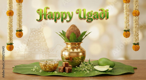 Vibrant Ugadi celebration with traditional Indian decorations and offerings