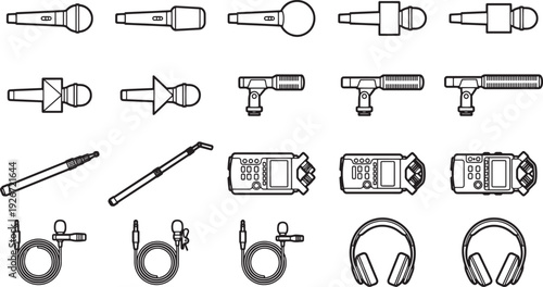 Illustrative collection of microphones, boom poles, audio recorders, and headphones.