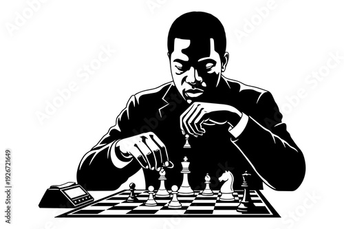 Focused man playing an intense game of chess vector illustration