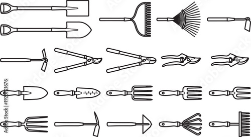 Illustration of various gardening tools arranged neatly, ready for use in the spring.