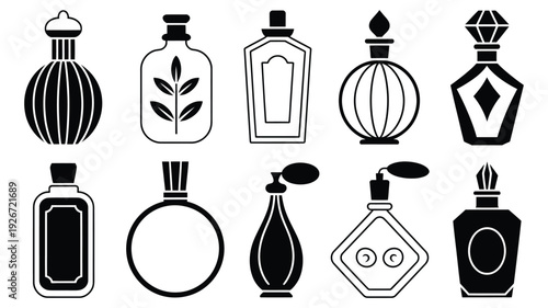 elegant collection of black and white vector perfume bottles, various decorative designs for luxury fragrance and cosmetic illustration.