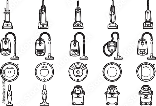 A detailed array of various vacuum cleaners, illustrating a range of designs and types for home cleaning tasks. 