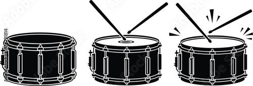 Drum and drumstick icons set vector illustration, musical instrument silhouettes for concert, percussion beats and rhythm symbols for song design,