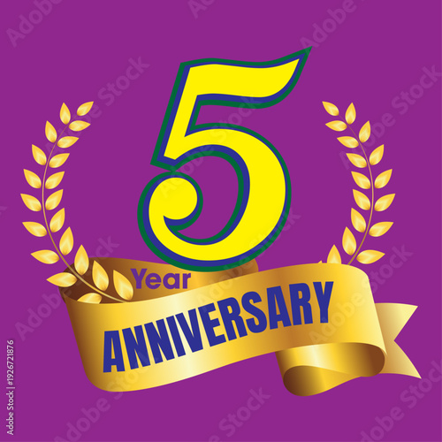 Five years anniversary background vector illustration. five year jubilee with red ribbon and confetti on white background. Editable stroke.
