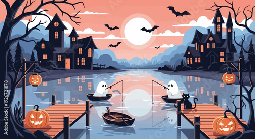 Halloween Night Scene by Lake.