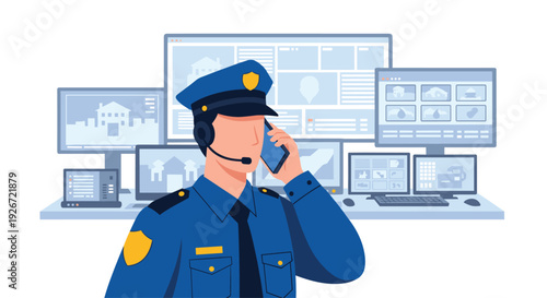 A police officer wearing a blue uniform and headset speaks on a smartphone in front of multiple computer monitors displaying security data.