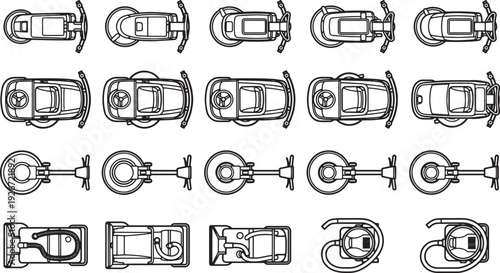 A bird's-eye view array of different vehicles, from cars and motorbikes to boats, arranged in neat rows. the image showcases different types of transport