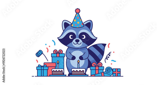 A cute blue raccoon wearing a polka dot party hat stands behind birthday cakes and wrapped gift boxes with colorful confetti scattered around.