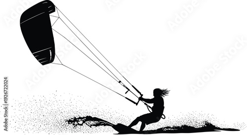 Black silhouette of a kitesurfer performing extreme water sports tricks on a surfboard with a large kite isolated on a white background