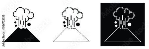 Volcanic eruption icons in black, white, and outlined styles for design use