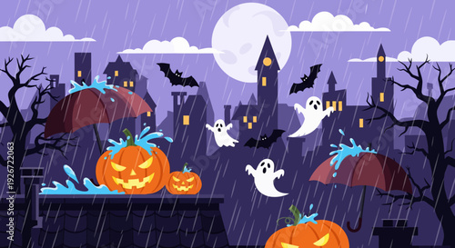 Halloween Night Scene with Pumpkins.