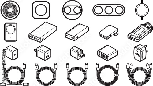 A collection of modern digital gadgets and their accessories arranged neatly, providing a glimpse into the tech essentials in a clean graphic design.