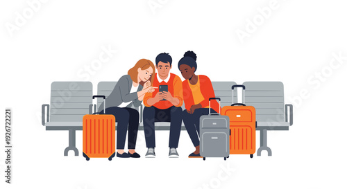 Three diverse friends sit together on a grey airport bench looking at a smartphone screen with their orange and grey rolling suitcases nearby.