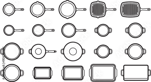 An assortment of cookware utensils, artistically rendered in a line art style, showcasing the essential tools of culinary creation.