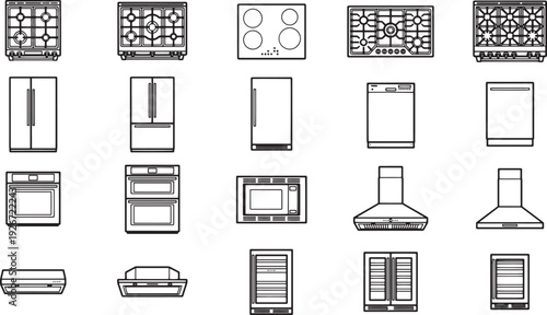 Array of kitchen appliances in minimalist monochrome style. High-angle view showcasing an array of essential culinary tools. 