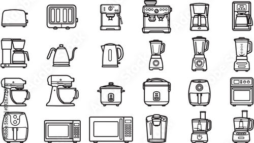 Array of various kitchen appliance, perfect for culinary and household designs. Including coffee makers, toasters, blenders, mixers, microwaves, and air fryers, this collection offers versatility.