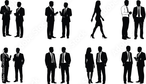 Black Silhouette Set Of Business Professionals Men and Women Standing Talking and Walking In Formal Suits For Corporate Teamwork Communication And Human Resources Design