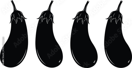 Eggplant vegetable silhouette set, black aubergine icons isolated on white background, healthy organic food vector illustration, fresh garden produce icons