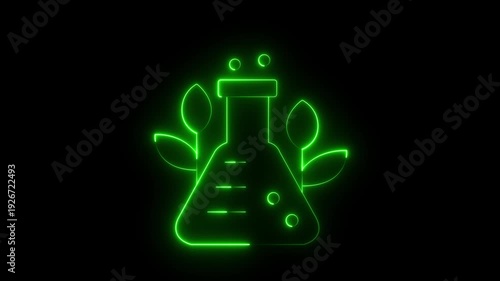 Green neon animation of a laboratory flask with leaves symbolizing organic science and biotechnology research, creating a futuristic science background for medical and ecological themes.