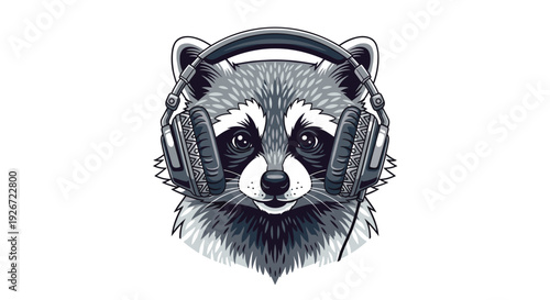 A detailed grayscale illustration of a raccoon head wearing large over-the-ear headphones with geometric patterns on a solid white background.