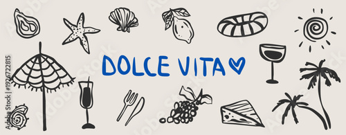 Italian hand drawn vector doodle sketch cafe food illustration set. Summer dinner menu ingredients in minimalist style. Line restaurant vintage retro drawing set. Holiday picnic brunch collection