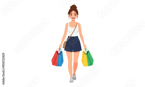 Smiling Woman Walking with Colorful Shopping Bags Illustration