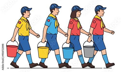 Children Scouts Walking in Line Carrying Colorful Buckets Illustration