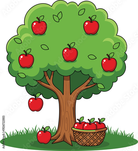 Cartoon Illustration of a Large Apple Tree with Ripe Red Fruit and a Wicker Basket Full of Harvested Apples on Green Grass Field