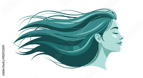 A profile illustration of a woman with long teal hair flowing in the wind against a white background using a monochromatic blue and green color scheme.