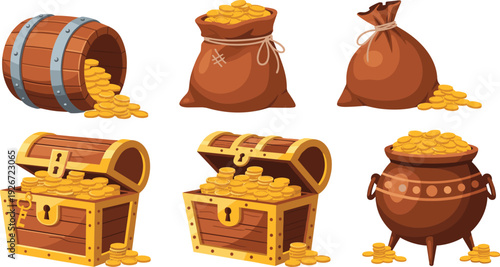Cartoon Treasure Chest and Gold Coins Collection Featuring Wooden Barrels Money Bags Pot of Gold and Ancient Trunks for Game Assets Finance and Wealth Illustration