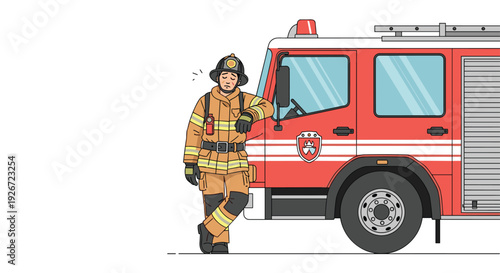 A tired cartoon firefighter in a tan uniform leans against the side of a red fire engine with his eyes closed on a white background.