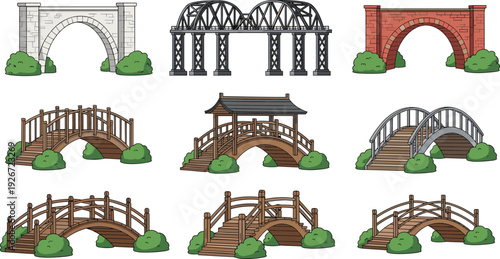 Collection of arched bridges including stone, brick, metal and wooden garden footbridges, architectural structure set for landscape design and infrastructure illustration.