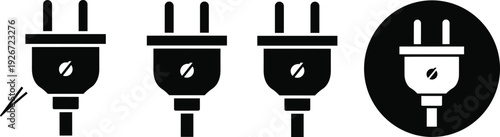 Electric power plug vector icon collection, black electrical connector symbols, energy and power supply graphics isolated on white background, SEO